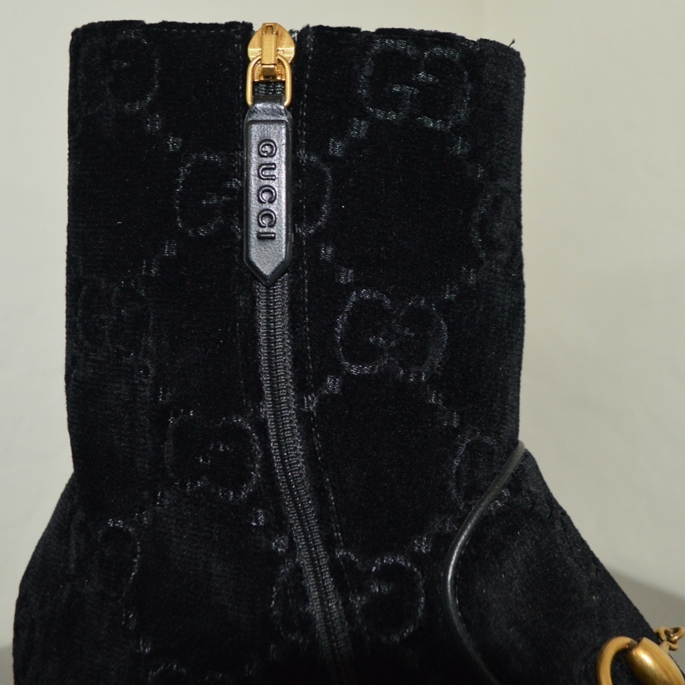 Gucci 'Mister GG' Monogram Velvet Horsebit With Rhinestone Black Boots SZ 37.5 - Picture 8 of 14